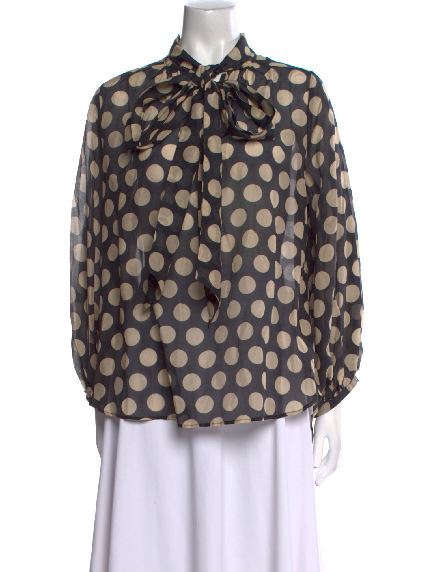 Psophia Polka Dot Print Tie Neck Button-Up Top