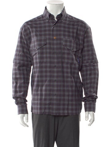 Paccbet Casual Shirts Plaid Print Long Sleeve Denim Shirt L