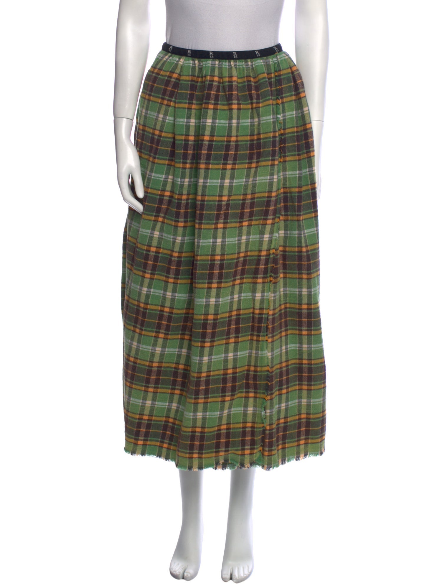 R13 Plaid Print Midi Length Skirt Green Skirts, Clothing WRA67595