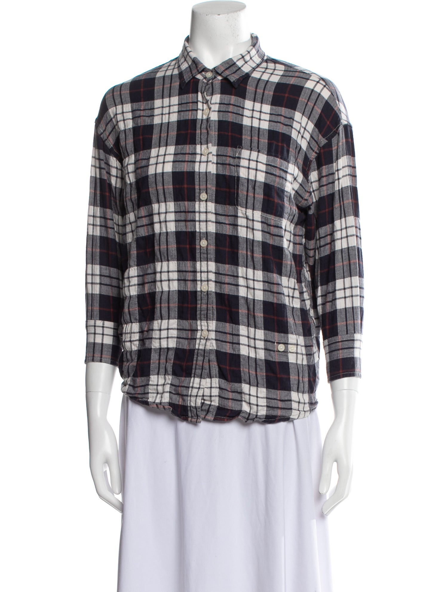 R13 Plaid Print Three-Quarter Sleeve Button-Up Top