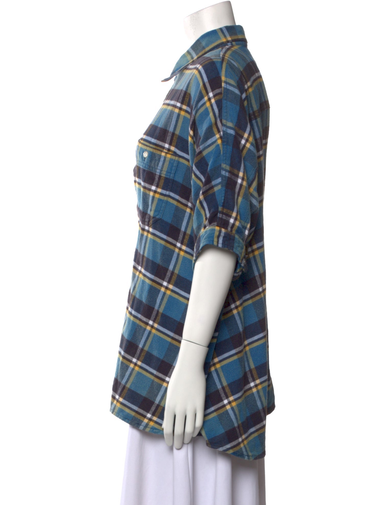 R13 Plaid Print Short Sleeve Button-Up Top