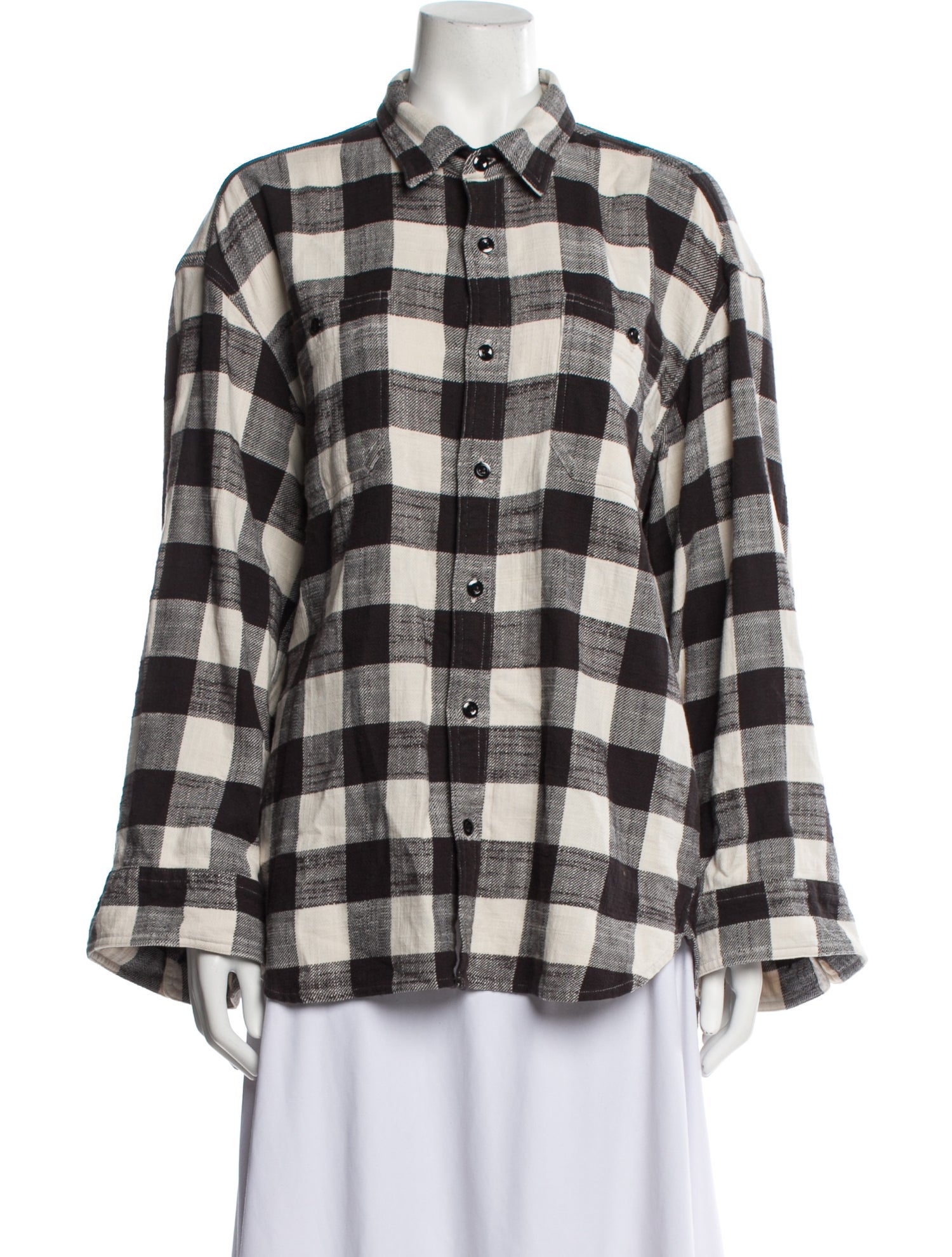 R13 Plaid Print Long Sleeve Button-Up Top