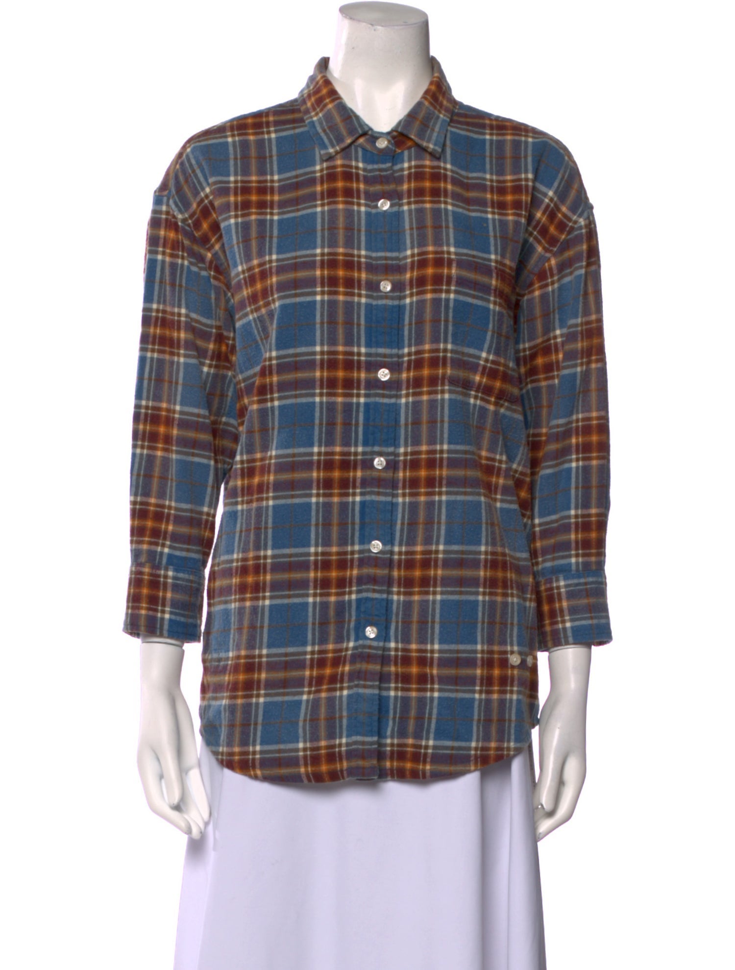 R13 Plaid Print Three-Quarter Sleeve Button-Up Top