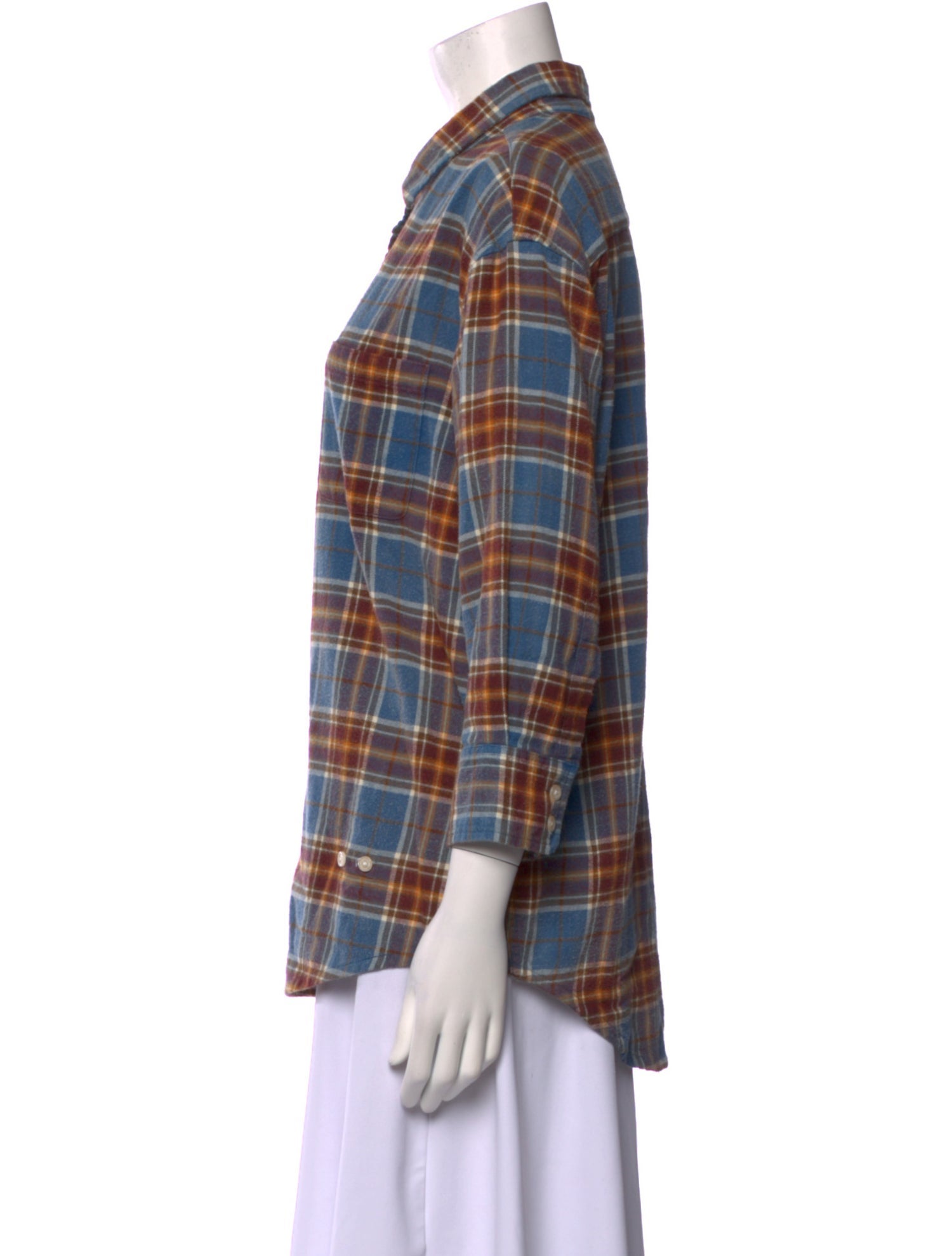 R13 Plaid Print Three-Quarter Sleeve Button-Up Top