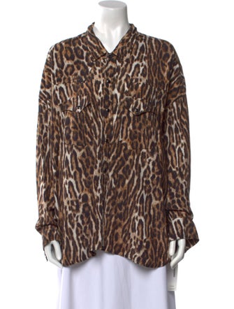 R13 Animal Print Cowl Neck Button-Up Top
