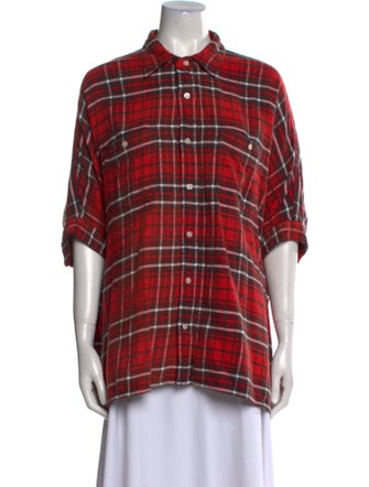 R13 Plaid Print Short Sleeve Button-Up Top