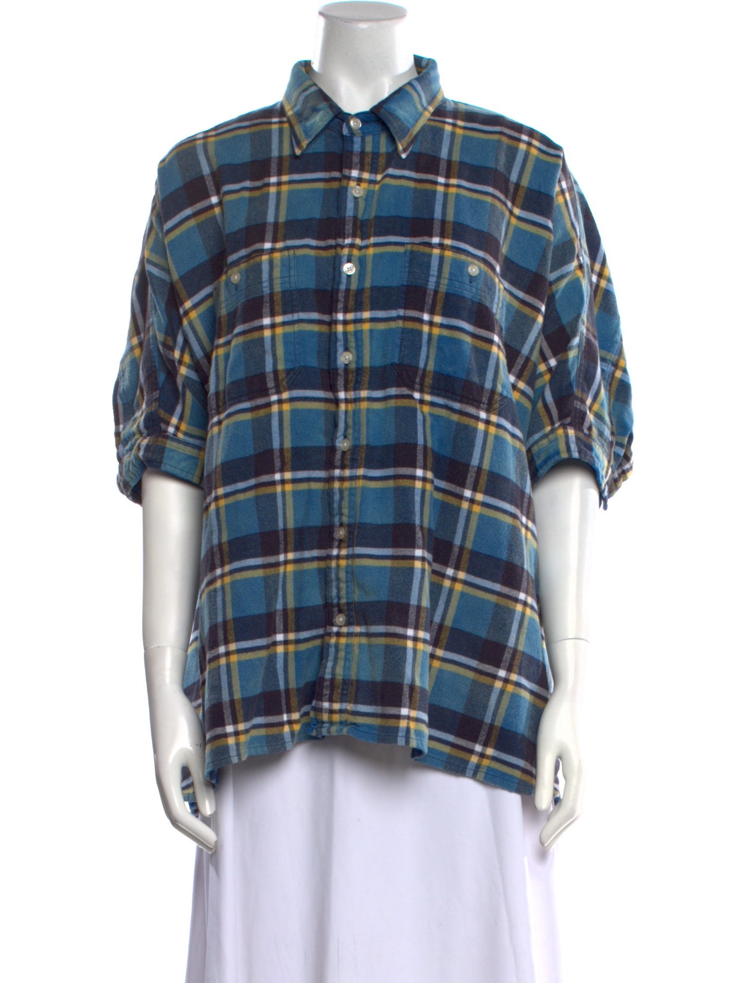 R13 Plaid Print Short Sleeve Button-Up Top