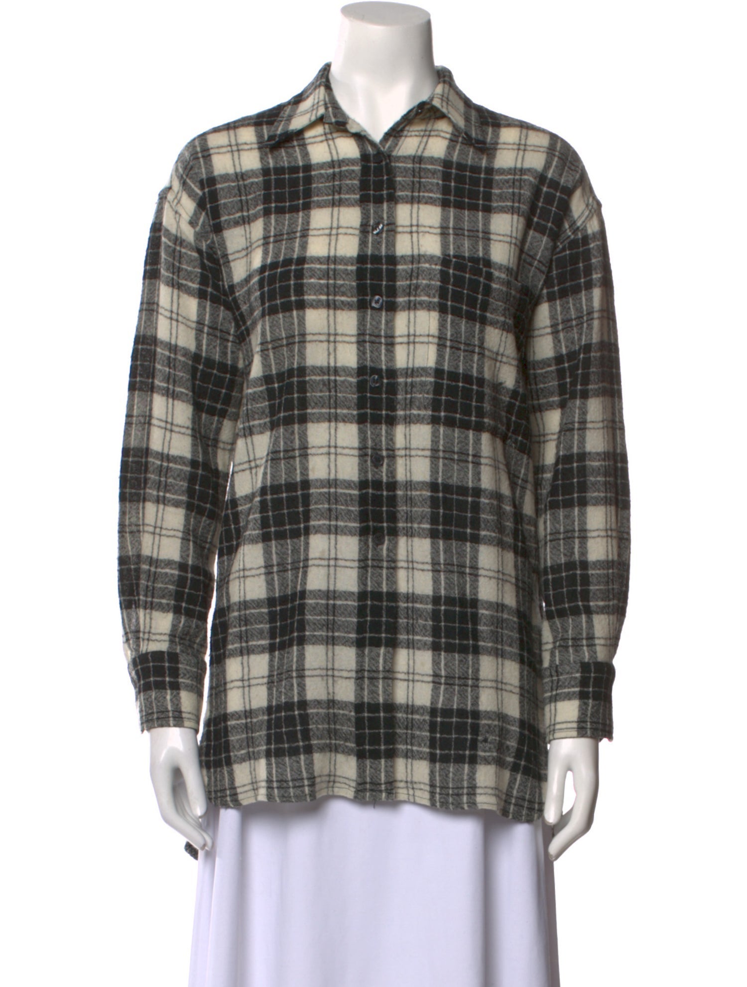 R13 Wool Plaid Print Button-Up Top