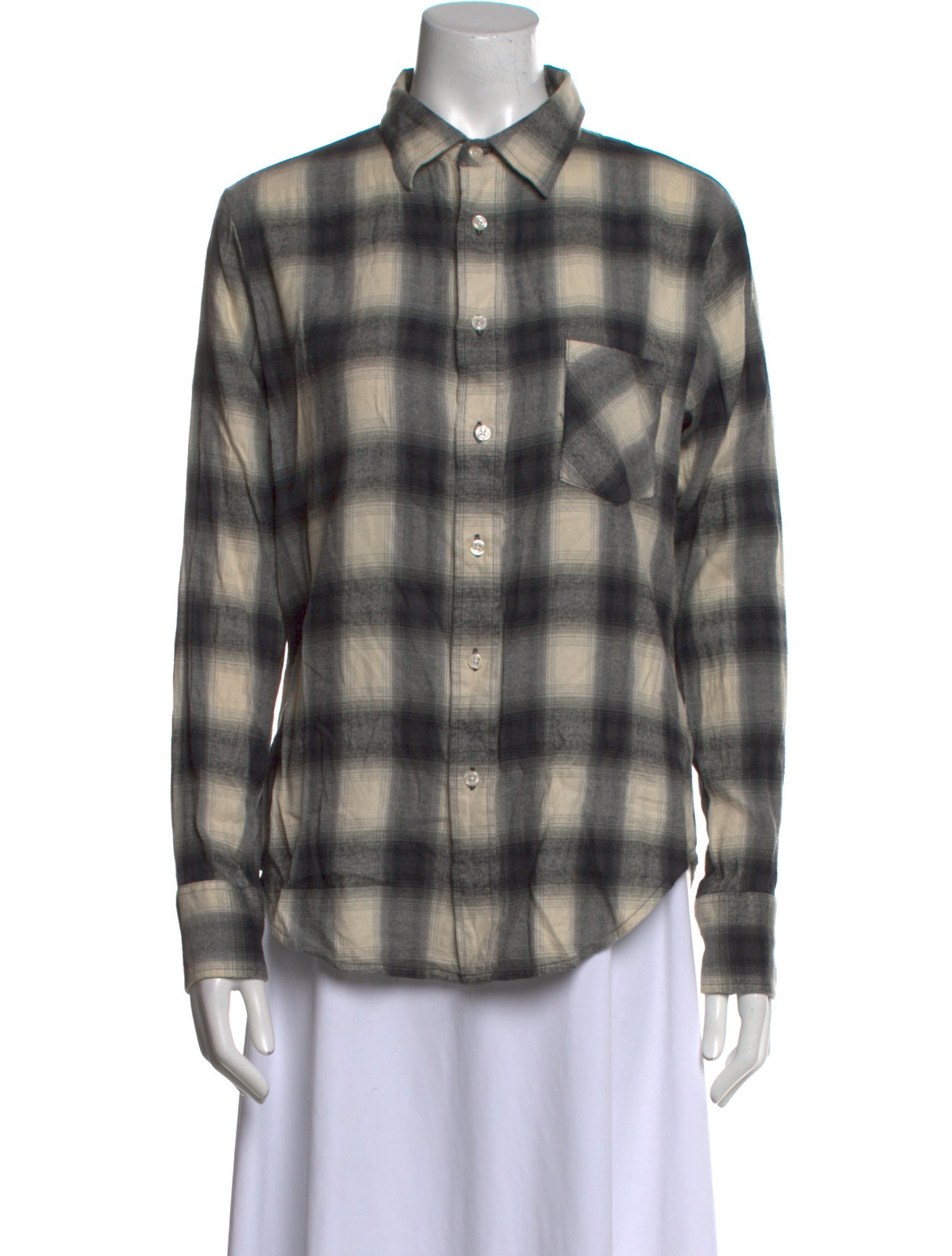 R13 Plaid Print Long Sleeve Button-Up Top