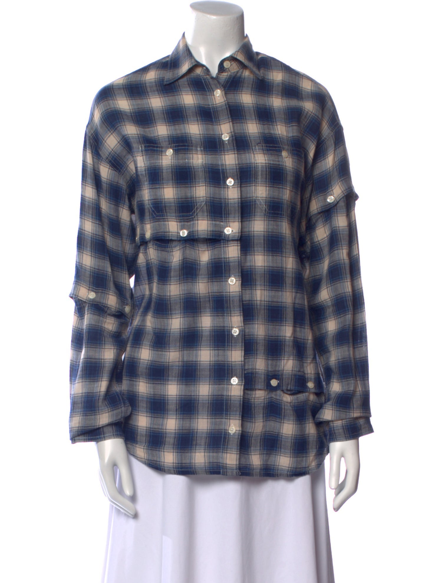 R13 Plaid Print Long Sleeve Button-Up Top