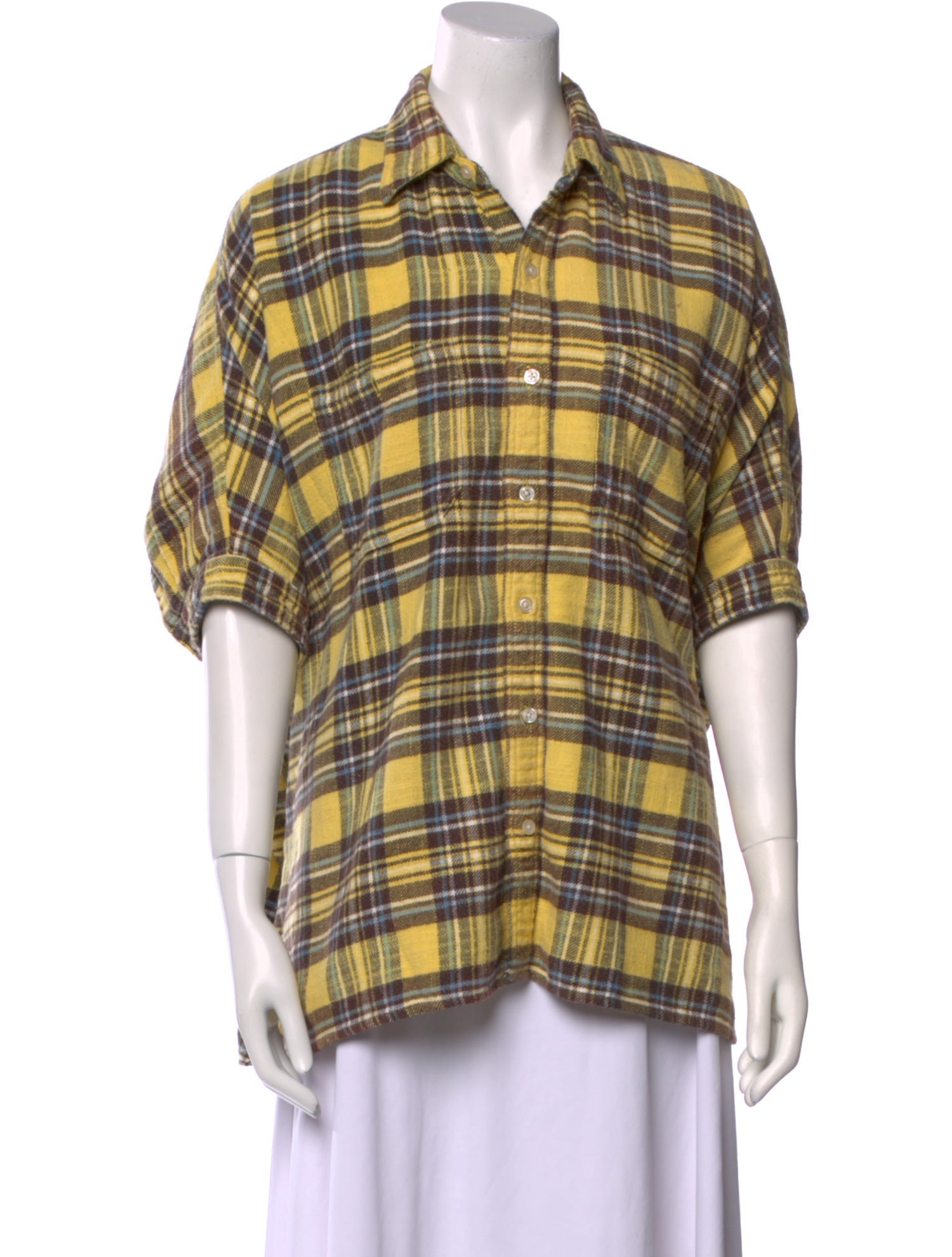 R13 Plaid Print Short Sleeve Button-Up Top