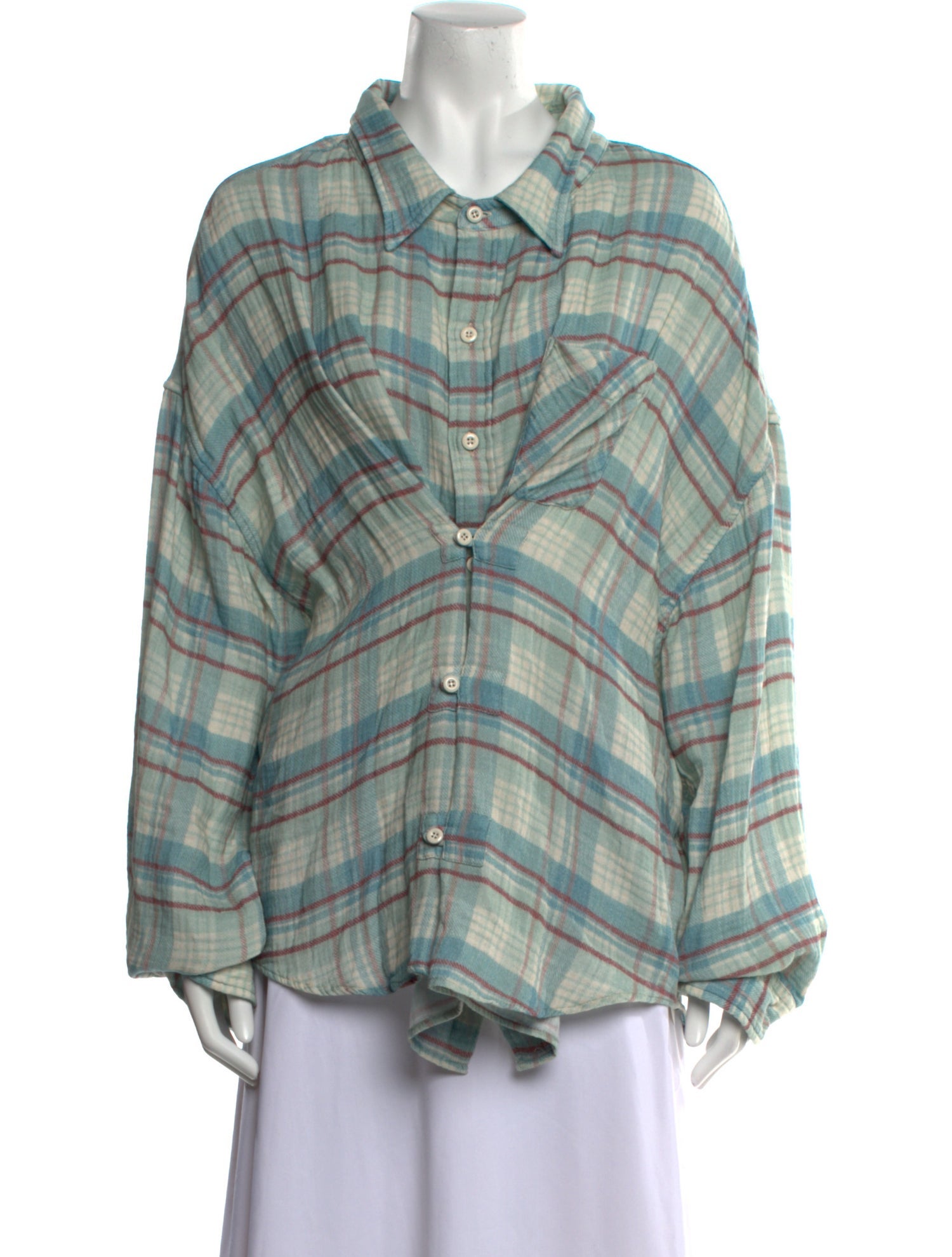 R13 Plaid Print Long Sleeve Button-Up Top
