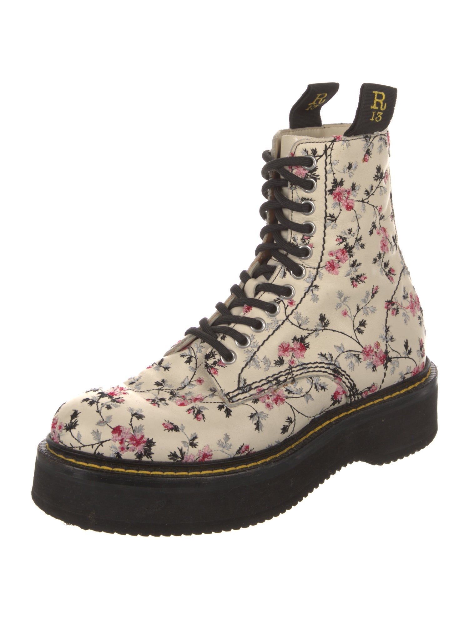 R13 Leather Floral Print Combat Boots