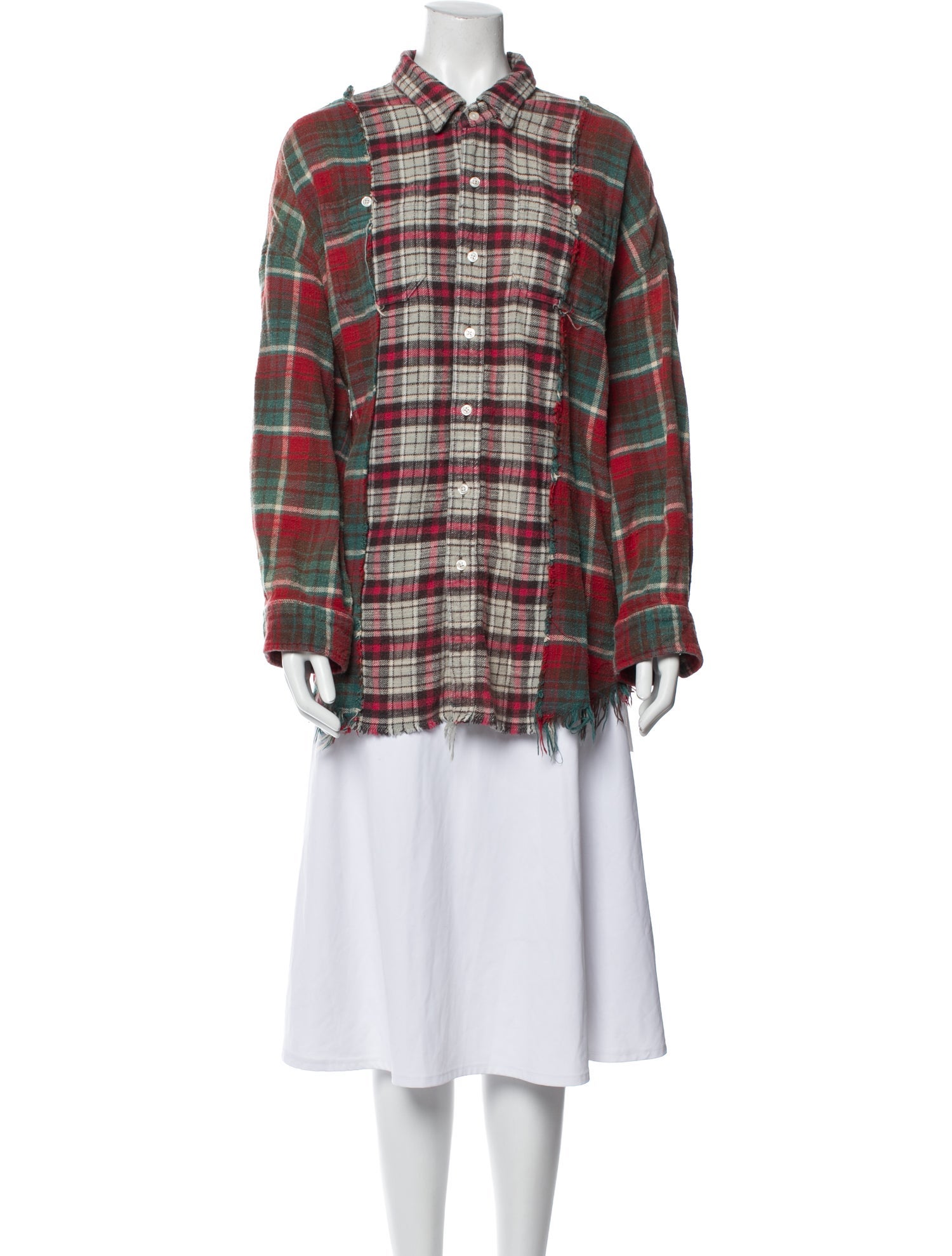 R13 Plaid Print Mock Neck Button-Up Top