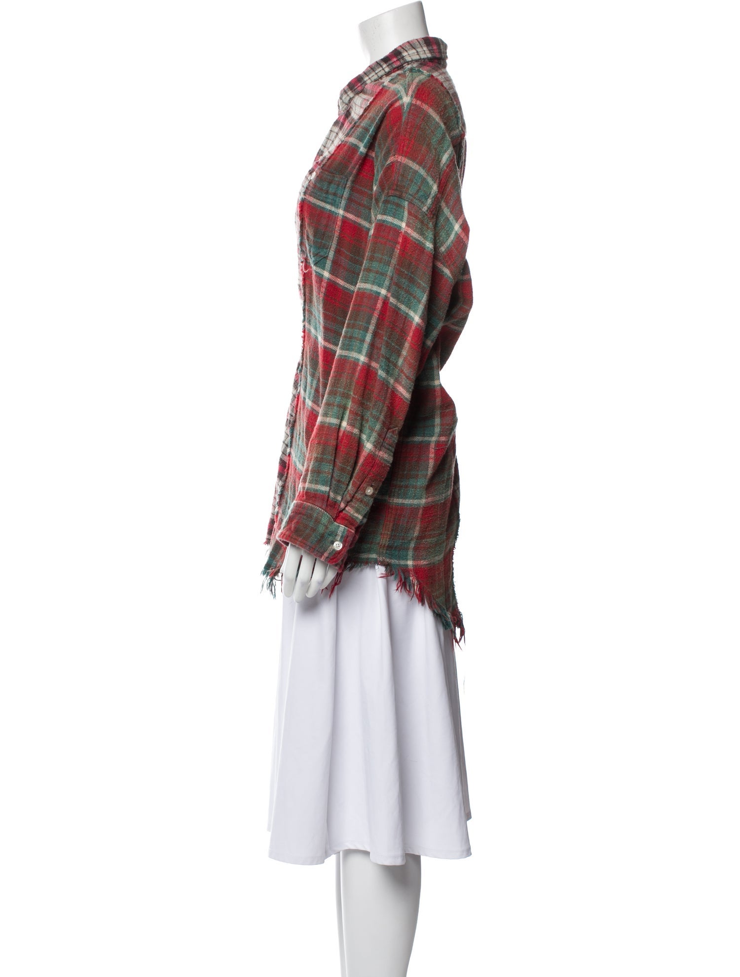 R13 Plaid Print Mock Neck Button-Up Top
