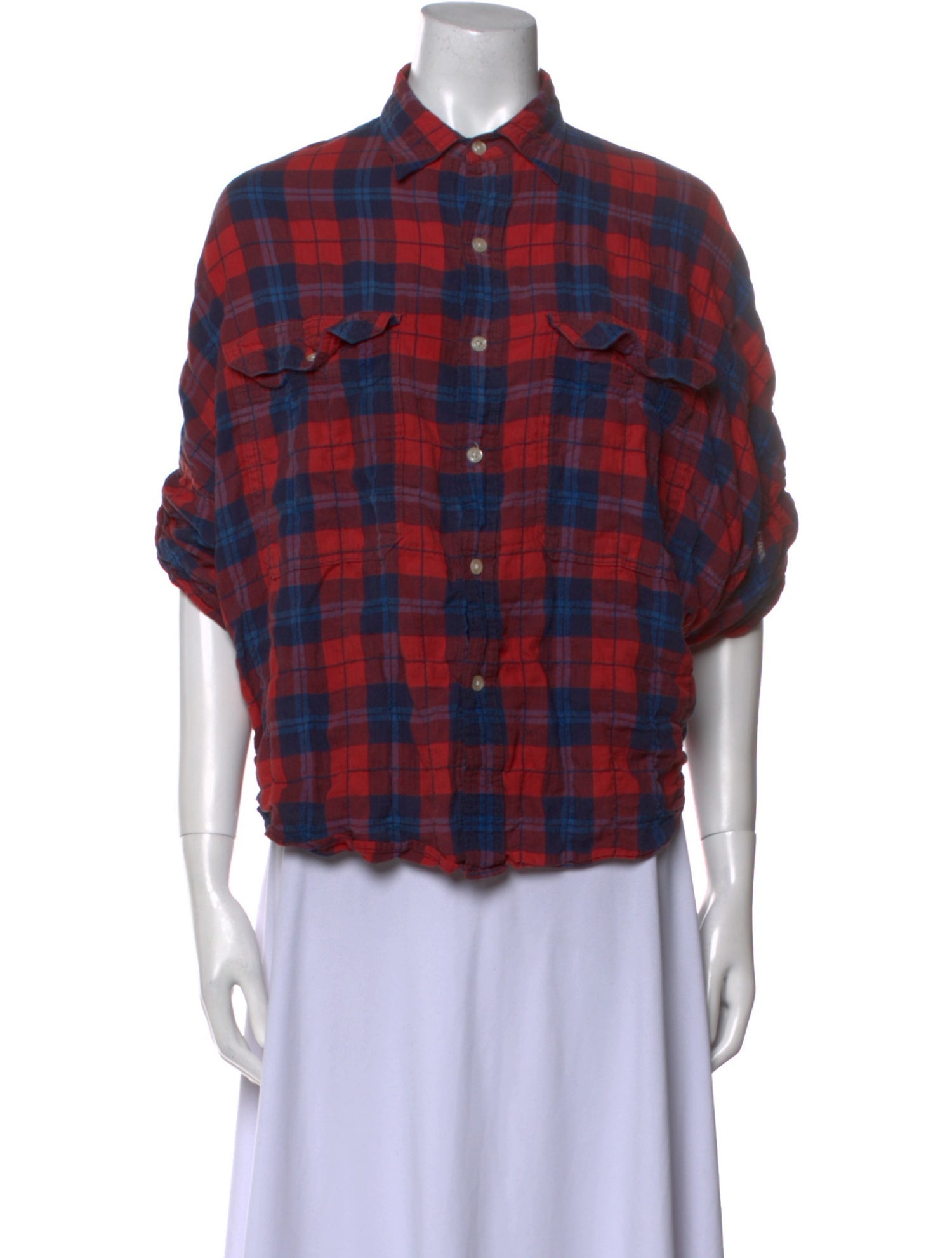 R13 Plaid Print Three-Quarter Sleeve Button-Up Top