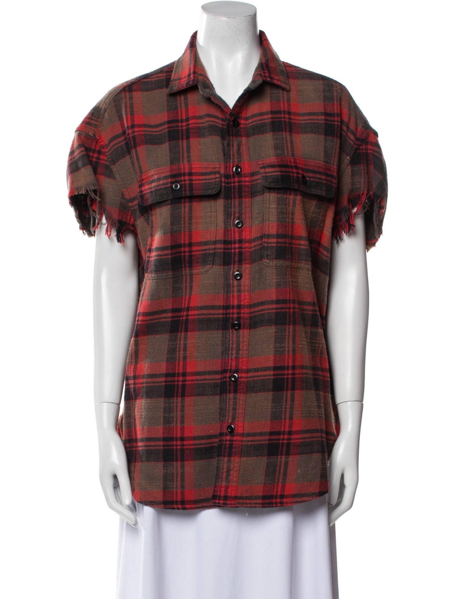 R13 Plaid Print Short Sleeve Button-Up Top