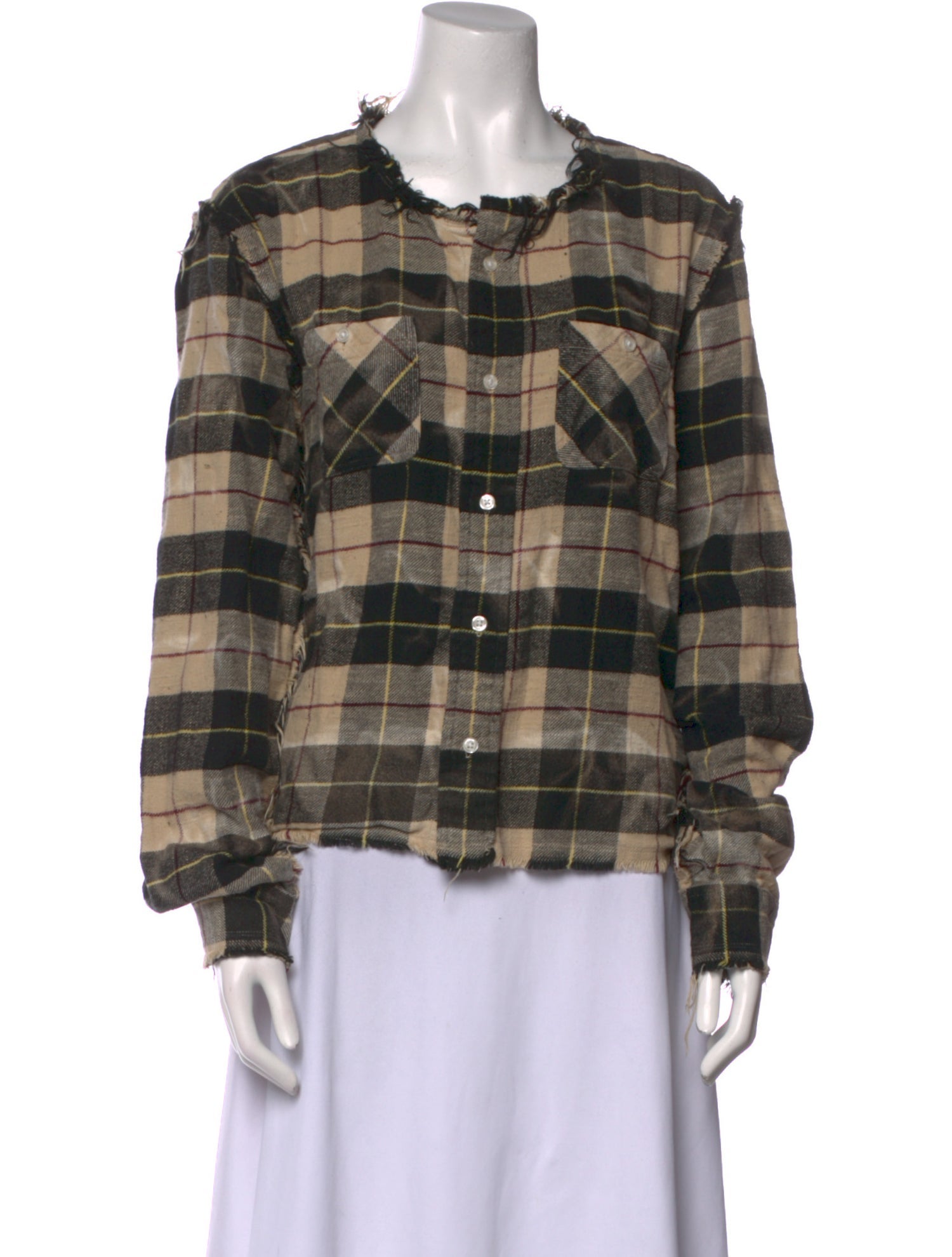 R13 Plaid Print Crew Neck Button-Up Top