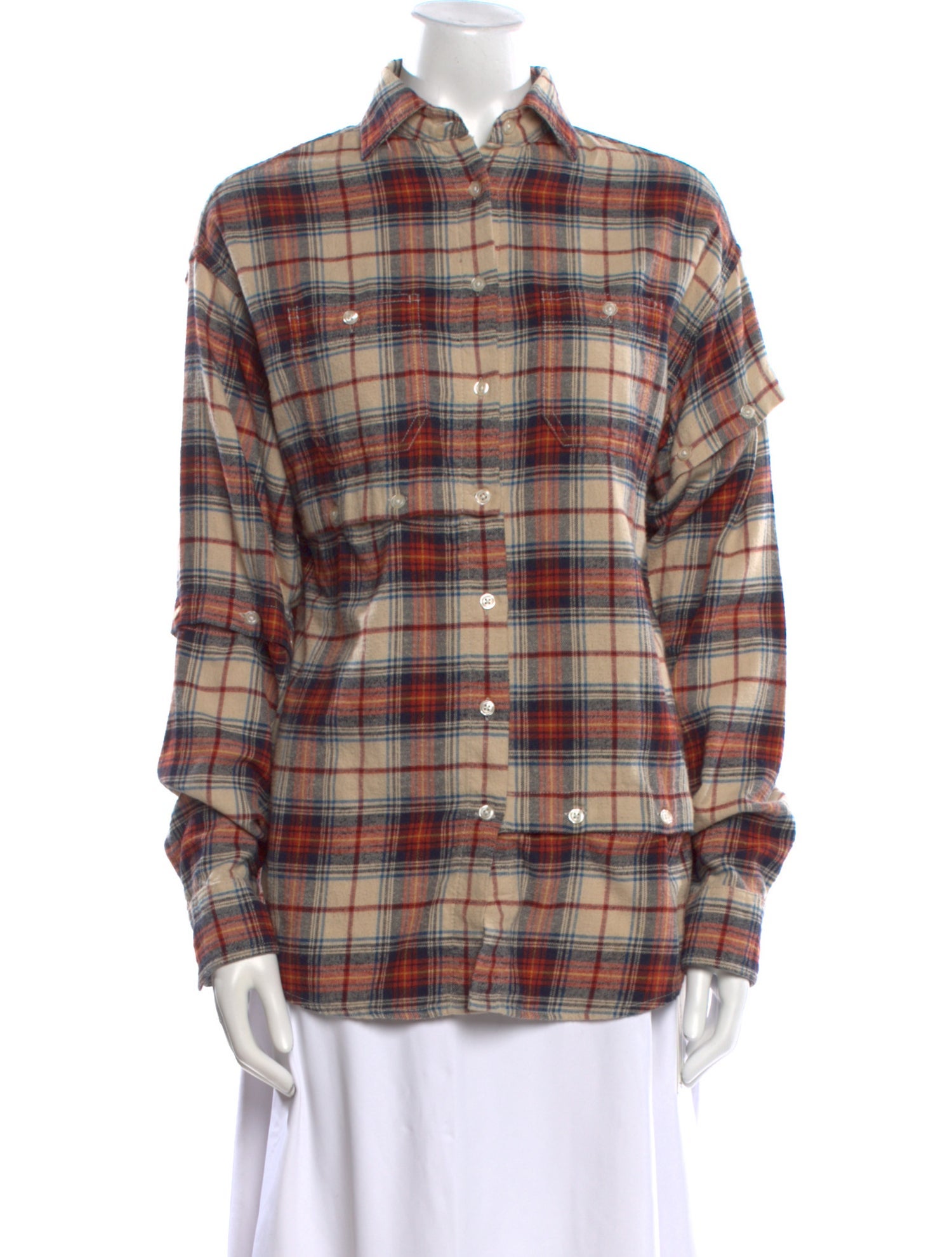 R13 Plaid Print Long Sleeve Button-Up Top
