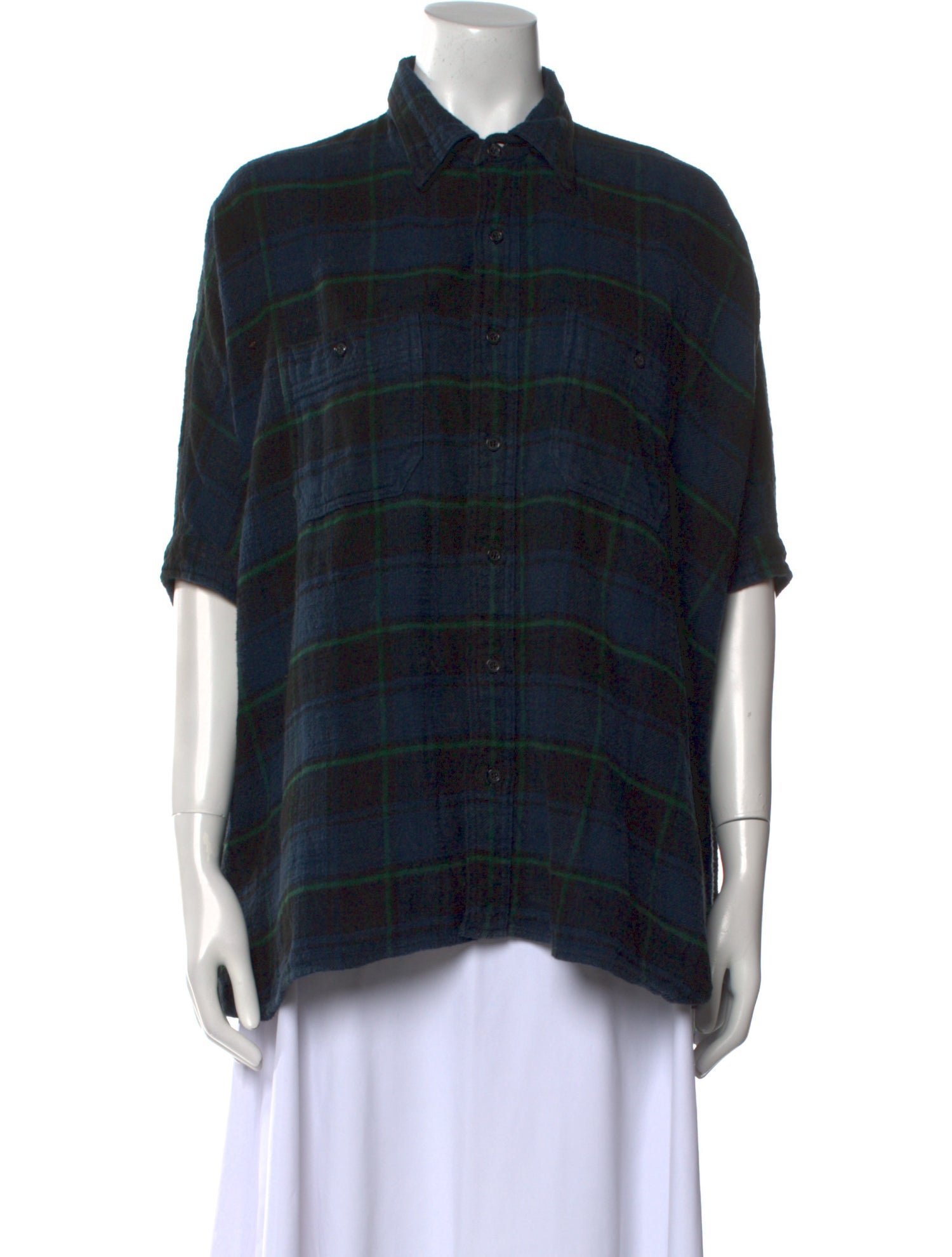 R13 Plaid Print Short Sleeve Button-Up Top