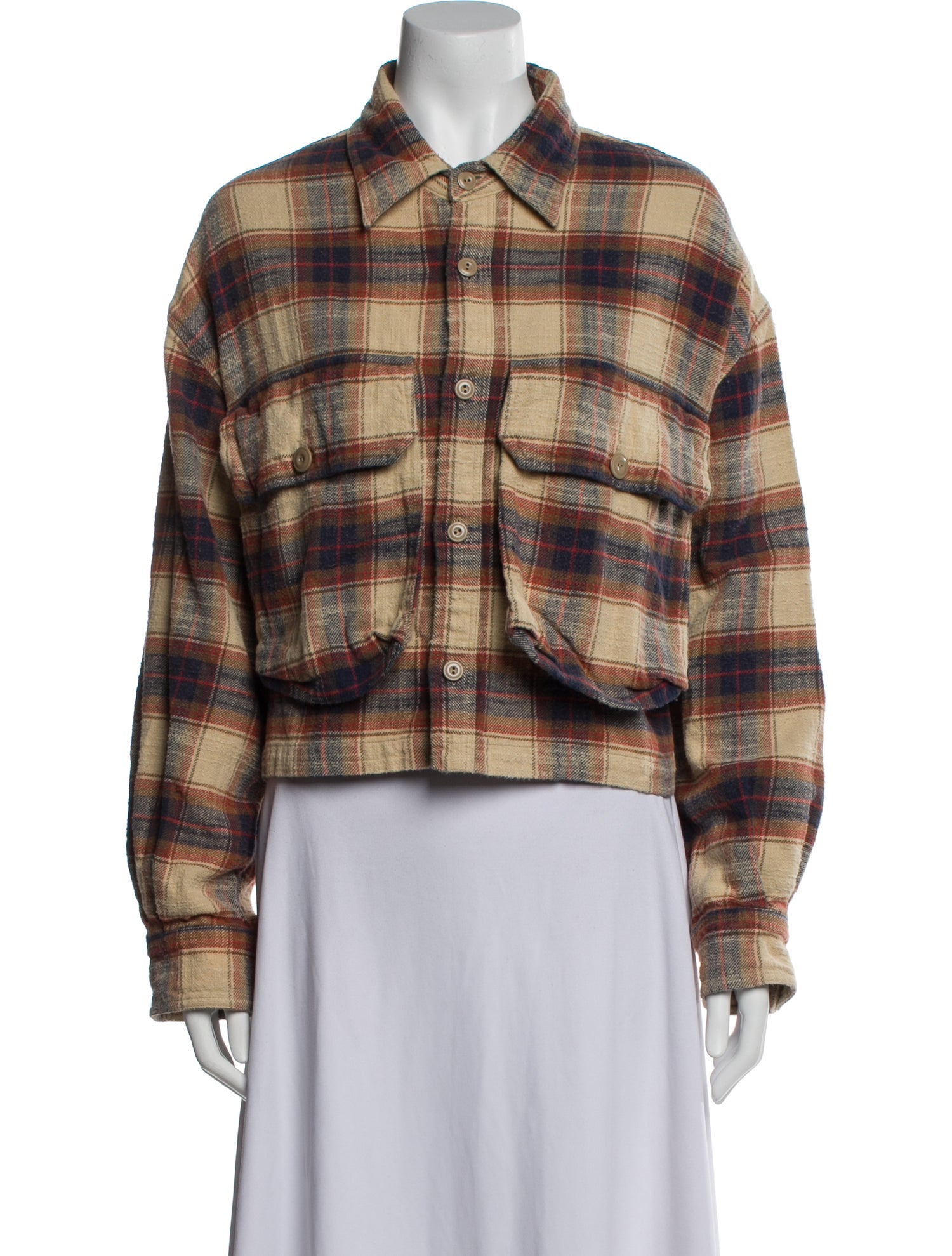 R13 Oversized Cropped Shirt Plaid Print Button-Up Top