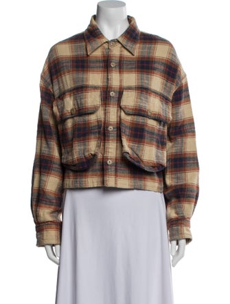 R13 Oversized Cropped Shirt Plaid Print Button-Up Top
