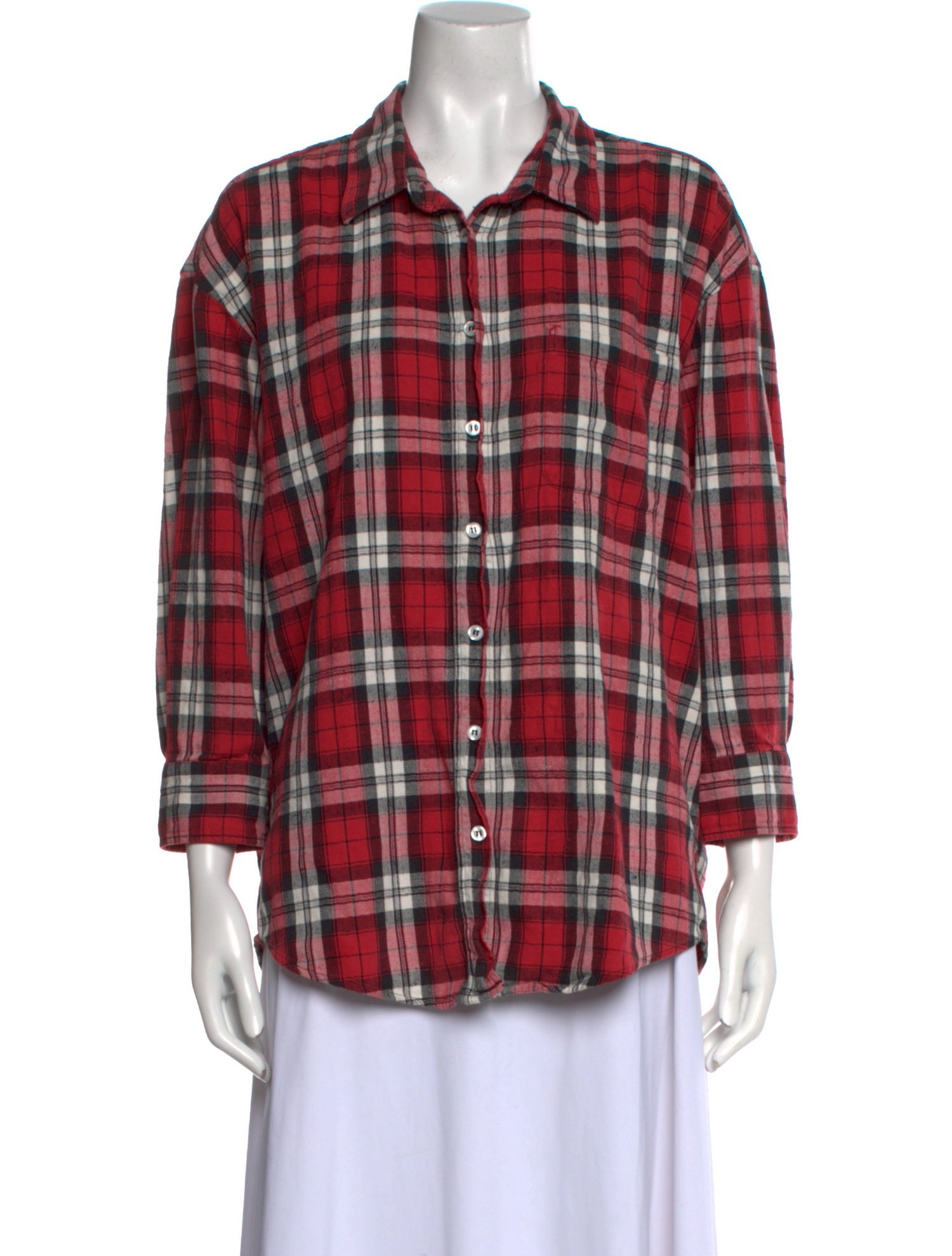 R13 Plaid Print Three-Quarter Sleeve Button-Up Top
