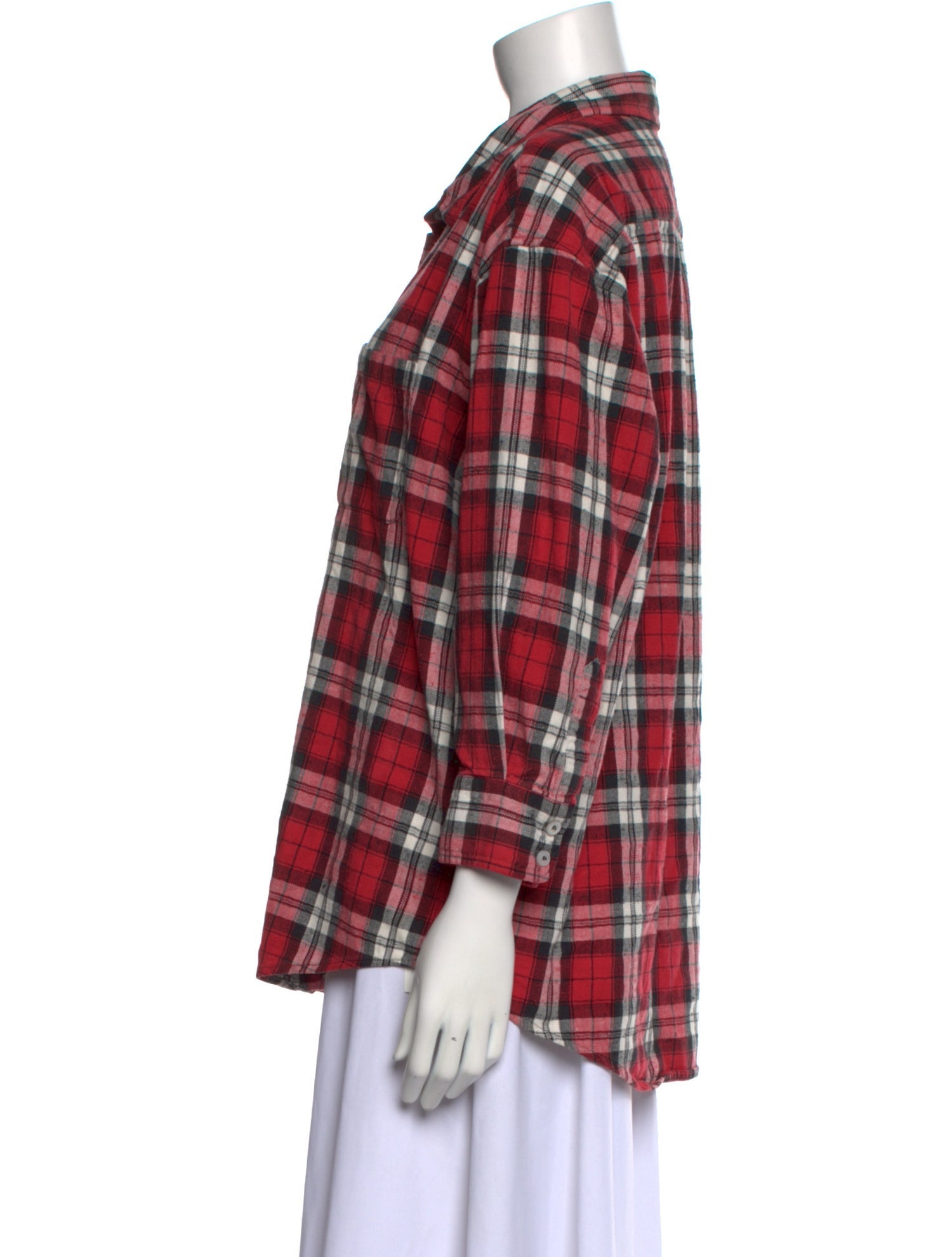 R13 Plaid Print Three-Quarter Sleeve Button-Up Top