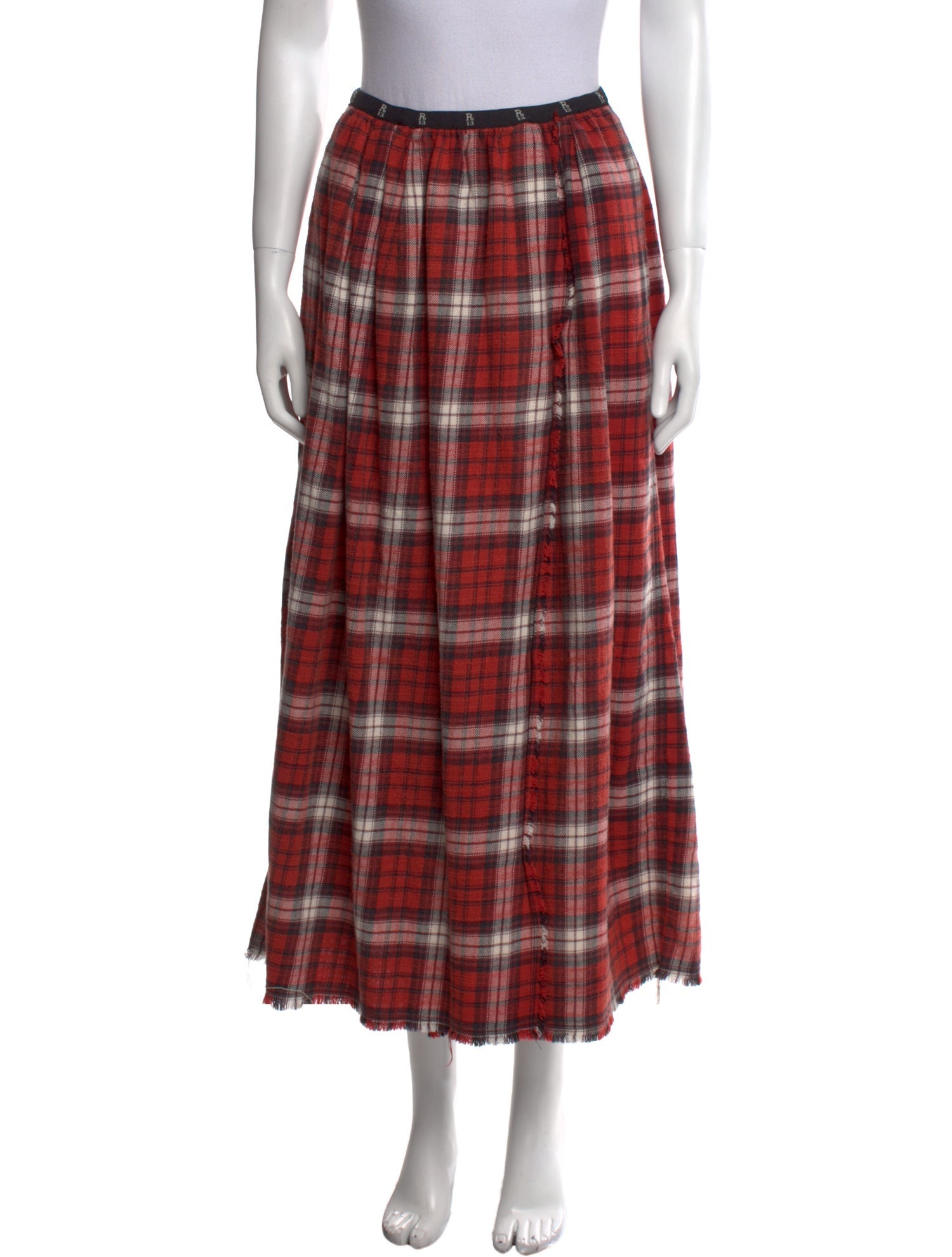 R13 Plaid Print Midi Length Skirt