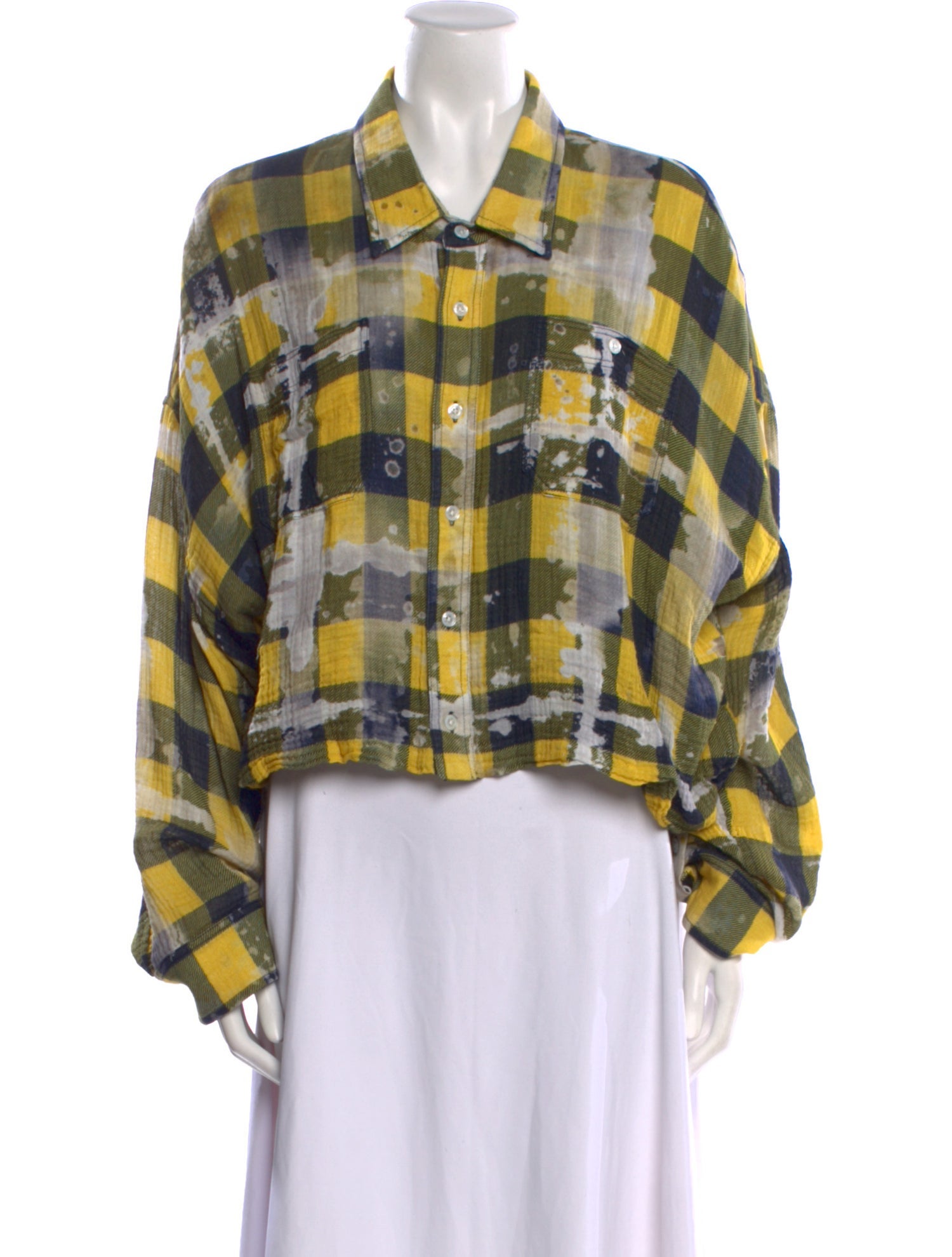 R13 Plaid Print Long Sleeve Button-Up Top