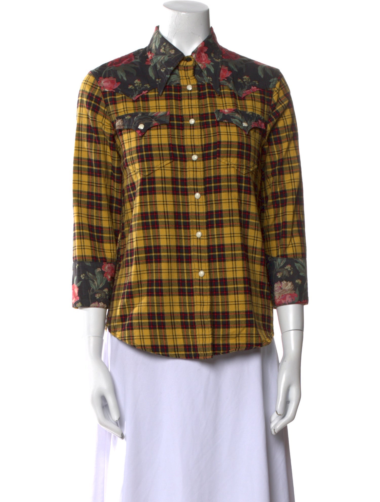 R13 Plaid Print Three-Quarter Sleeve Button-Up Top