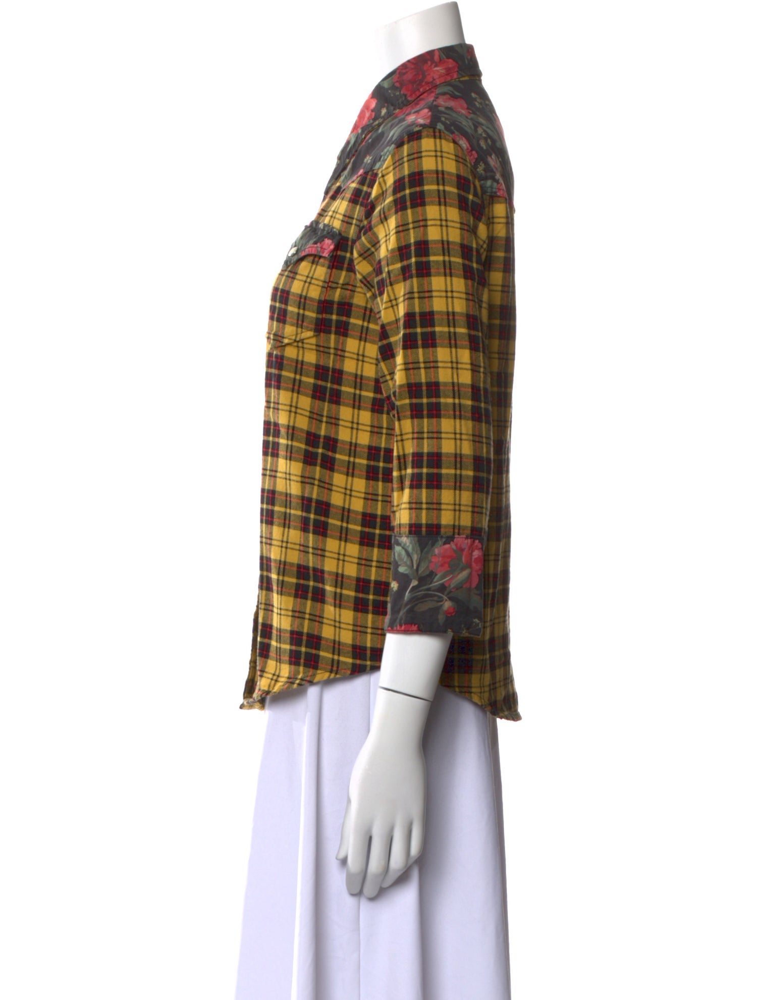 R13 Plaid Print Three-Quarter Sleeve Button-Up Top