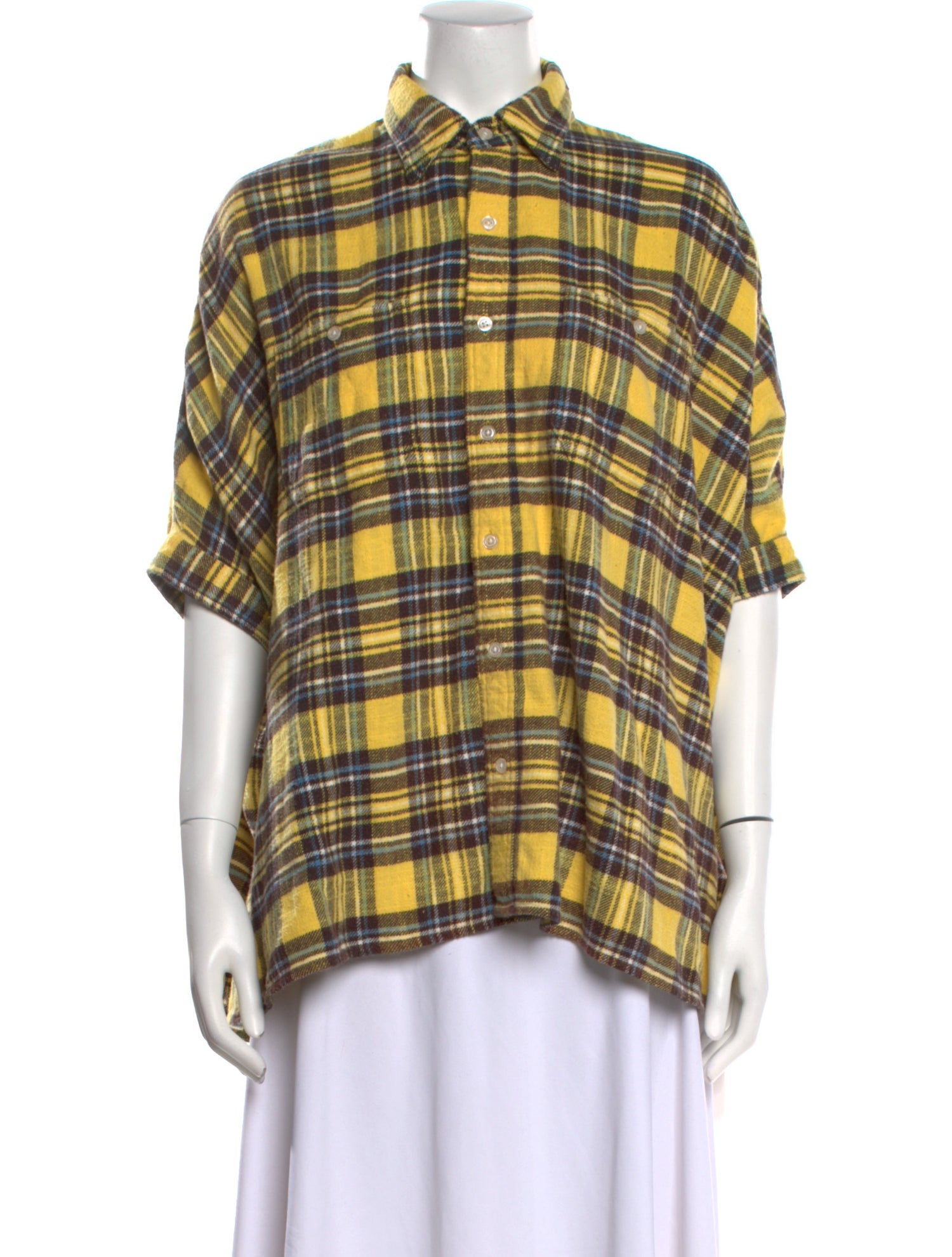 R13 Plaid Print Short Sleeve Button-Up Top