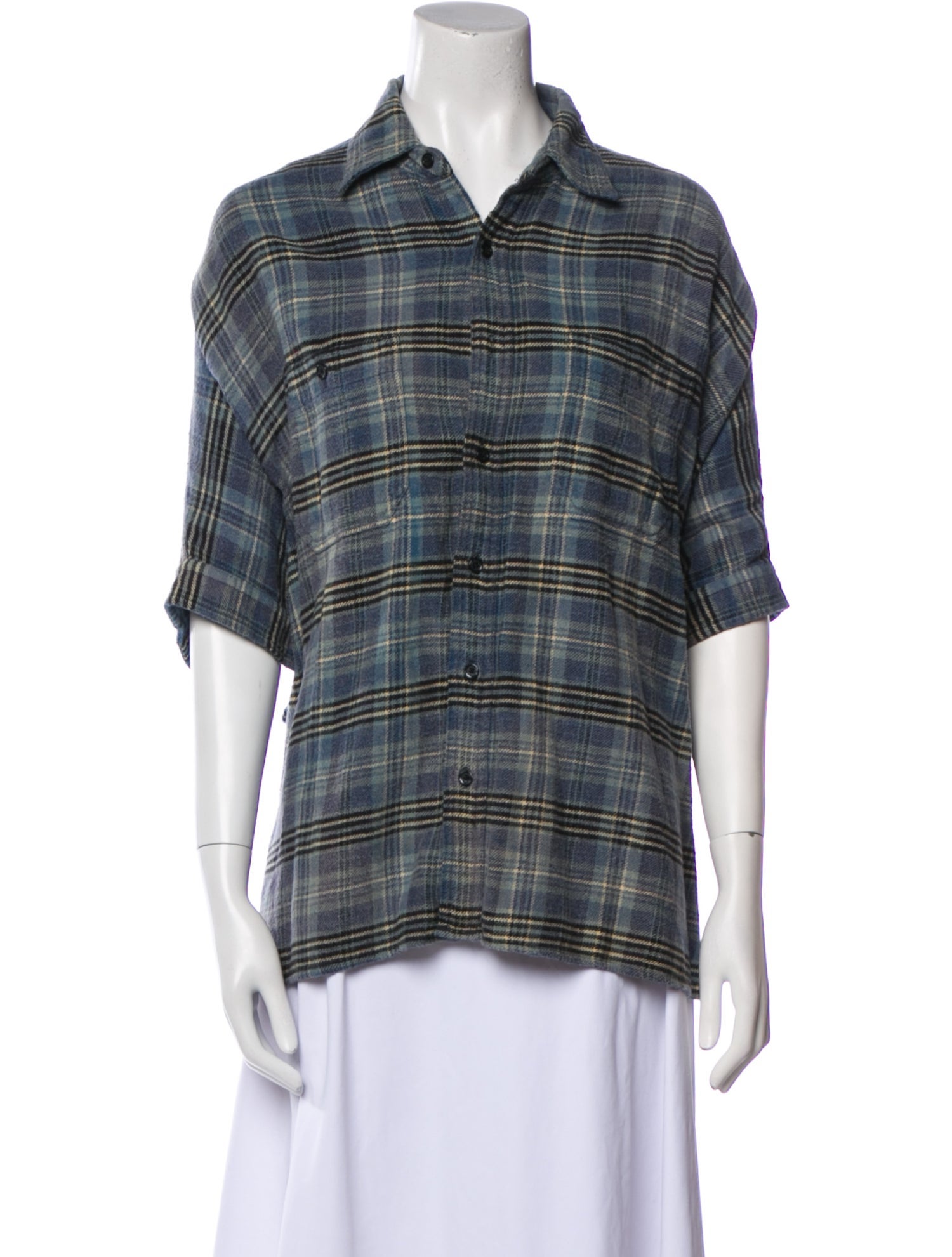 R13 Plaid Print Short Sleeve Button-Up Top