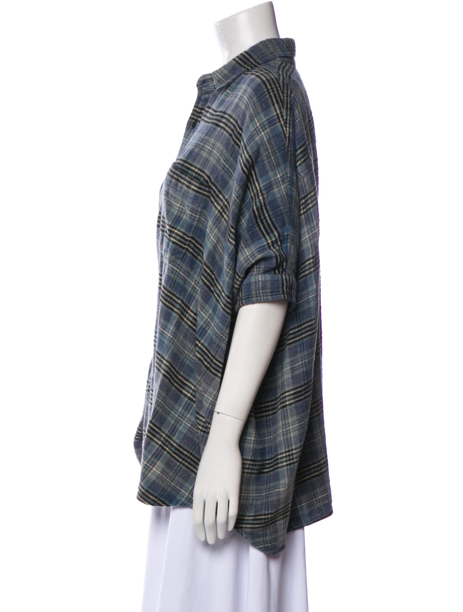 R13 Plaid Print Short Sleeve Button-Up Top