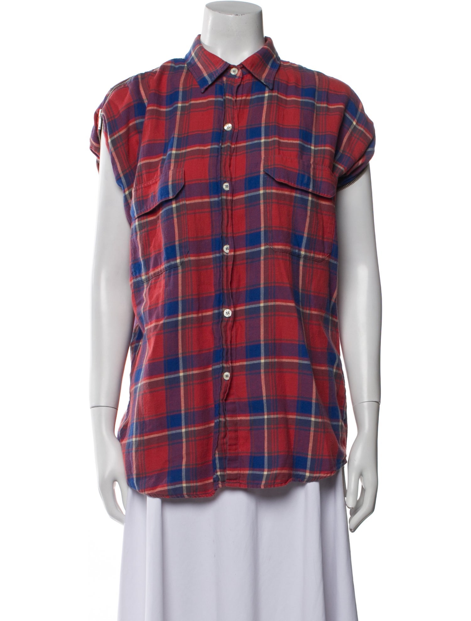 R13 Plaid Print Short Sleeve Button-Up Top