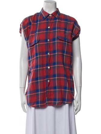R13 Plaid Print Short Sleeve Button-Up Top