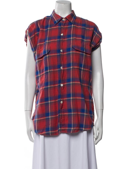 R13 Plaid Print Short Sleeve Button-Up Top