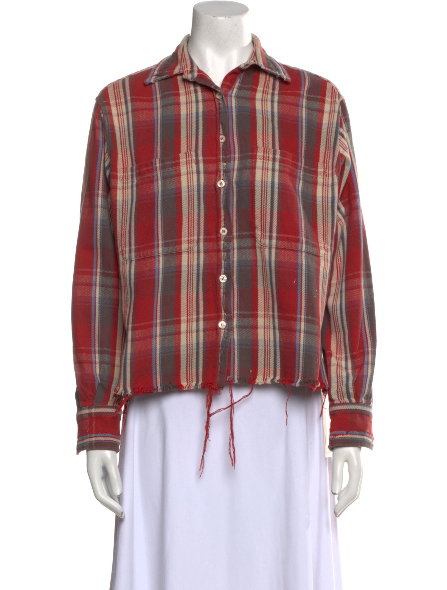 R13 Plaid Print Long Sleeve Button-Up Top