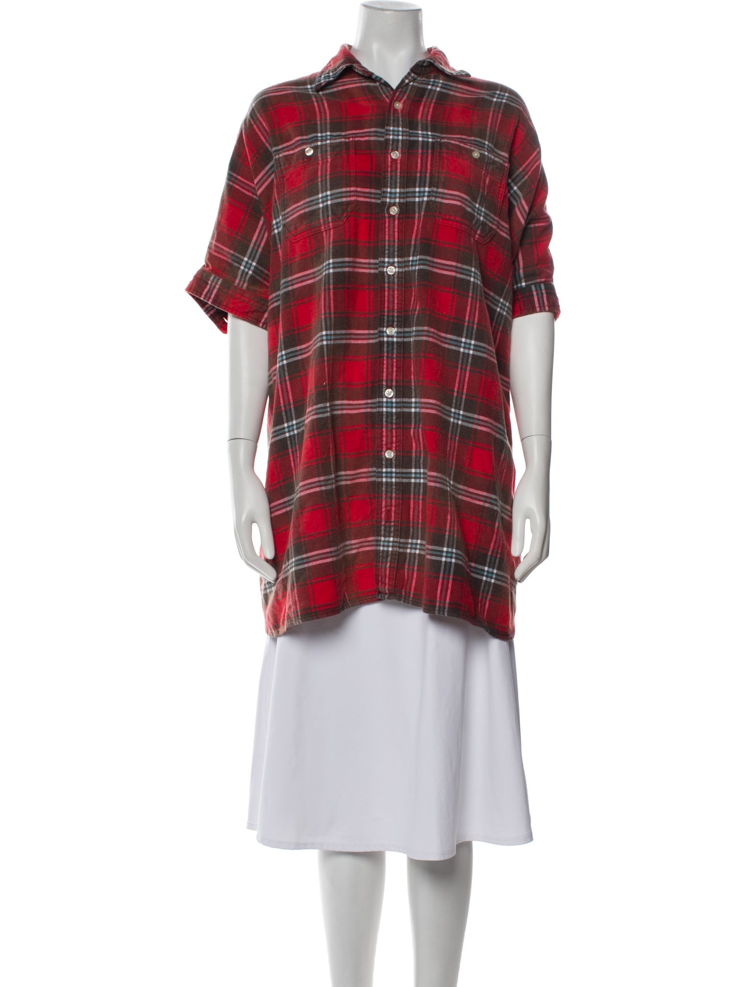R13 Plaid Print Short Sleeve Button-Up Top