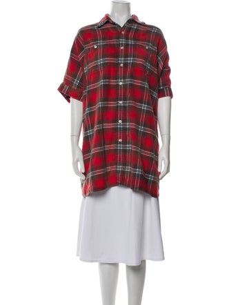 R13 Plaid Print Short Sleeve Button-Up Top