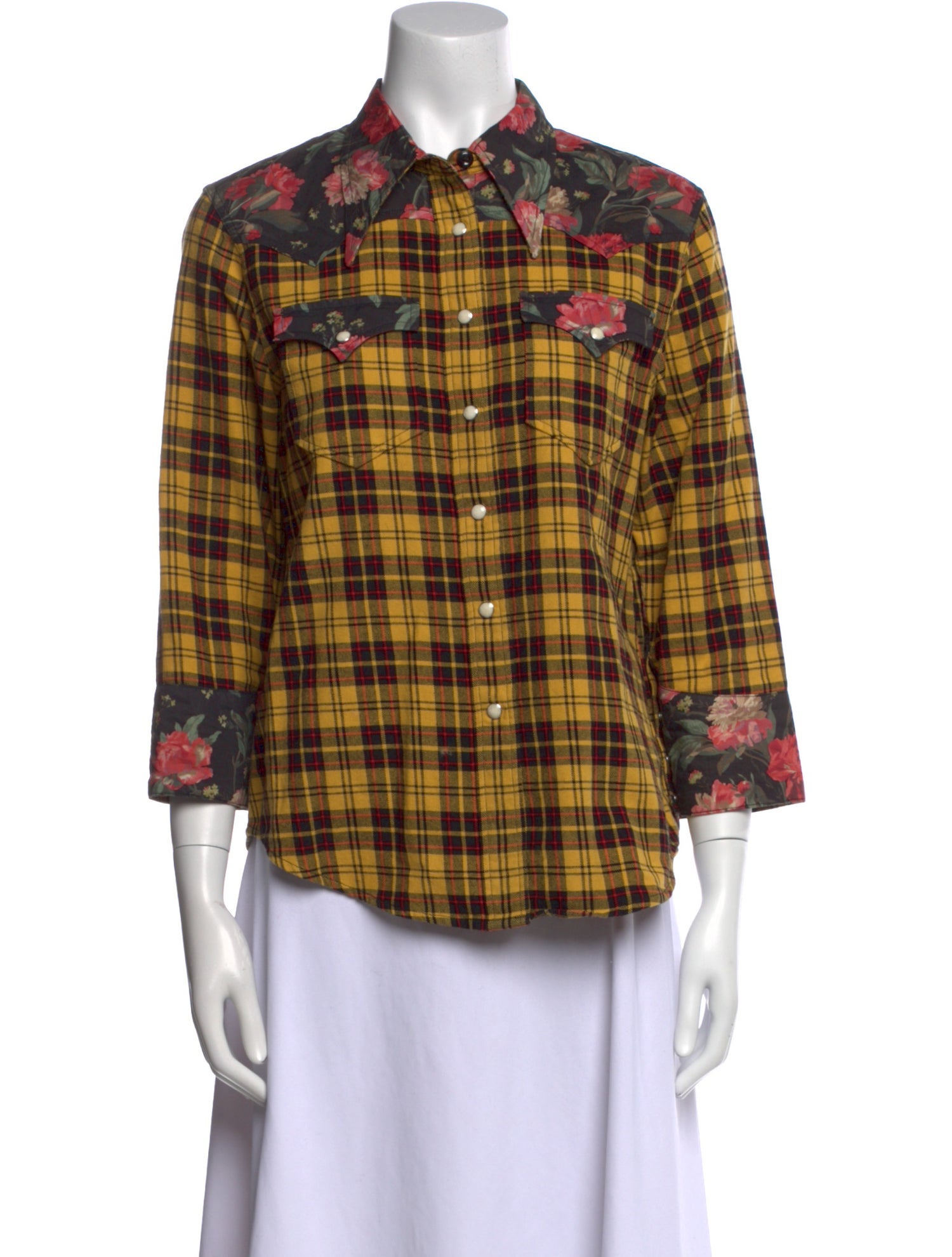 R13 Plaid Print Three-Quarter Sleeve Button-Up Top