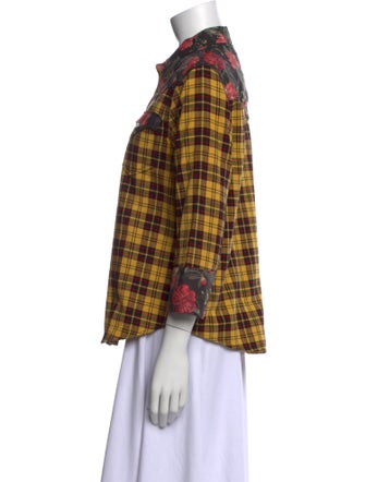 R13 Plaid Print Three-Quarter Sleeve Button-Up Top