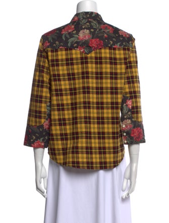 R13 Plaid Print Three-Quarter Sleeve Button-Up Top