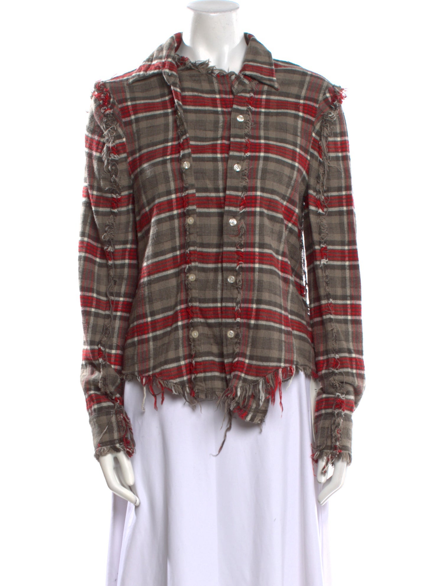 R13 Plaid Print Mock Neck Button-Up Top