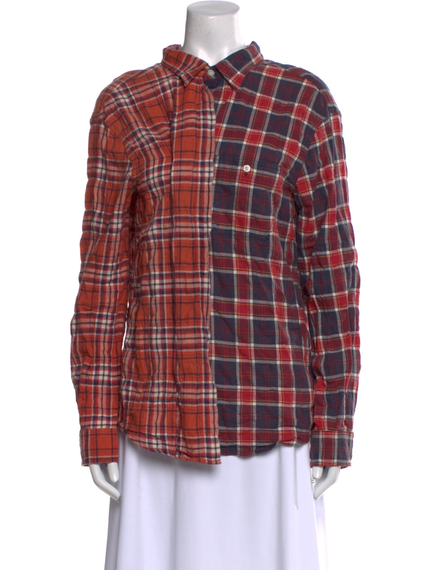 R13 Plaid Print Mock Neck Button-Up Top