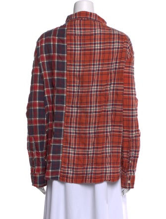 R13 Plaid Print Mock Neck Button-Up Top