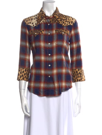 R13 Plaid Print Three-Quarter Sleeve Button-Up Top