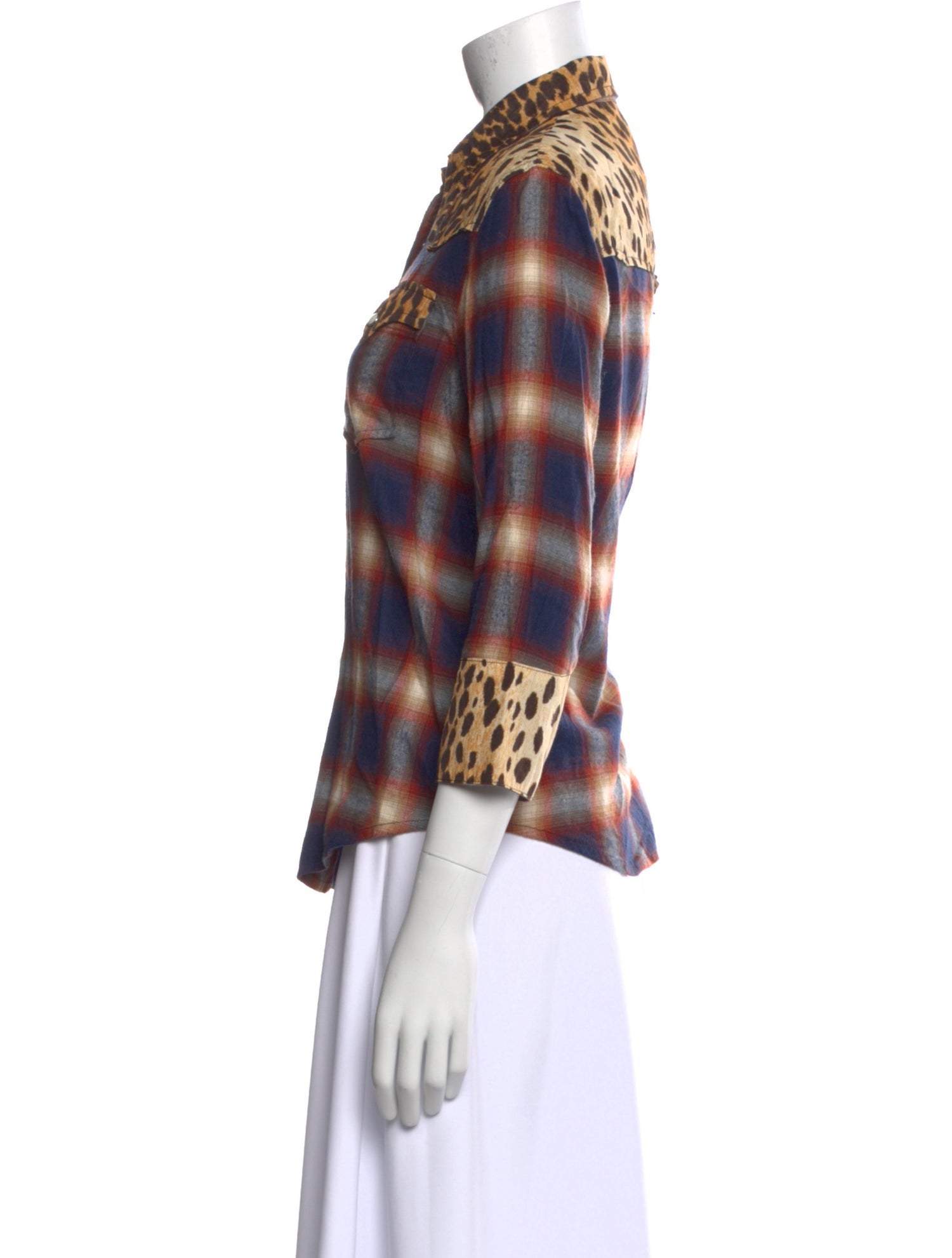 R13 Plaid Print Three-Quarter Sleeve Button-Up Top