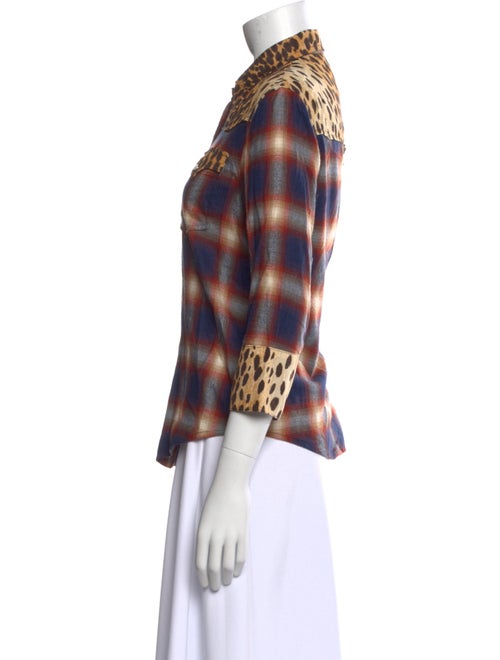 R13 Plaid Print Three-Quarter Sleeve Button-Up Top